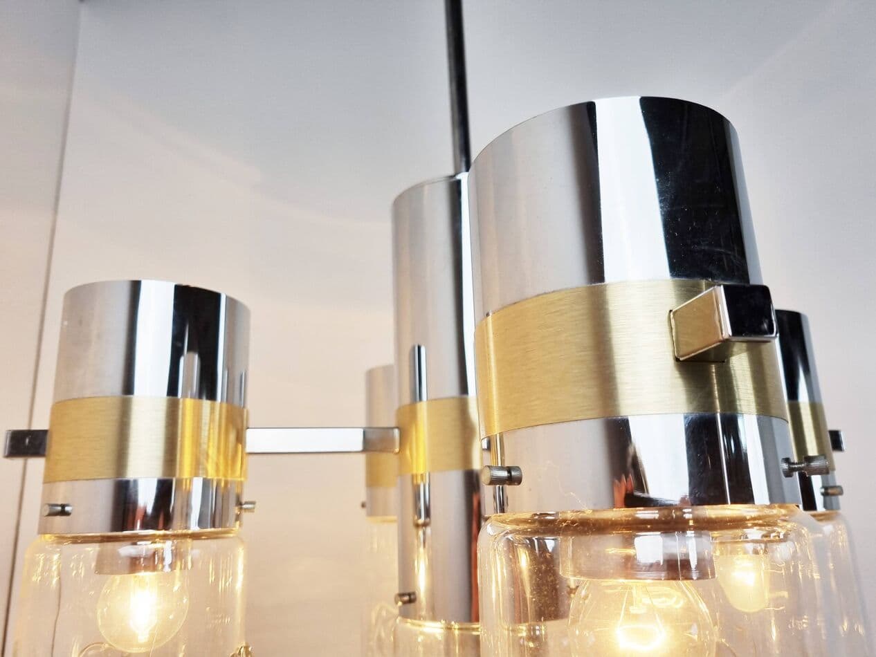 Żyrandol, srebrny chrom, mosiądz, szkło, Włochy, lata 70. - 267862