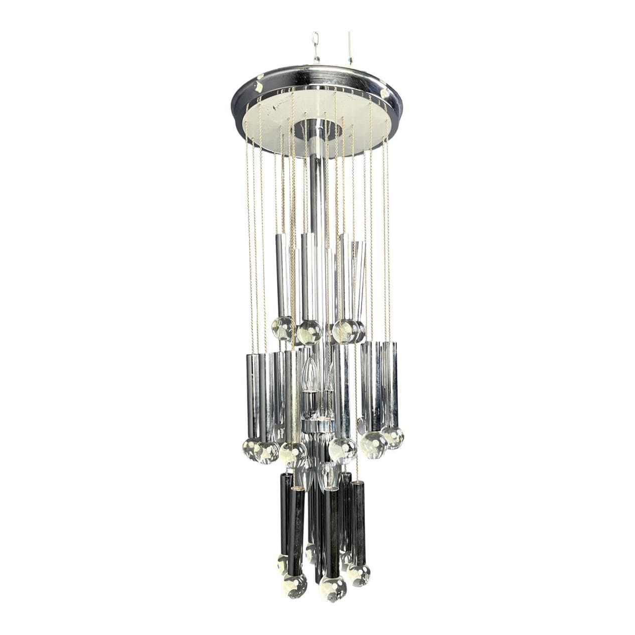 Chandelier Space Age, silver chrome, glass crystal, Italy, 1970s