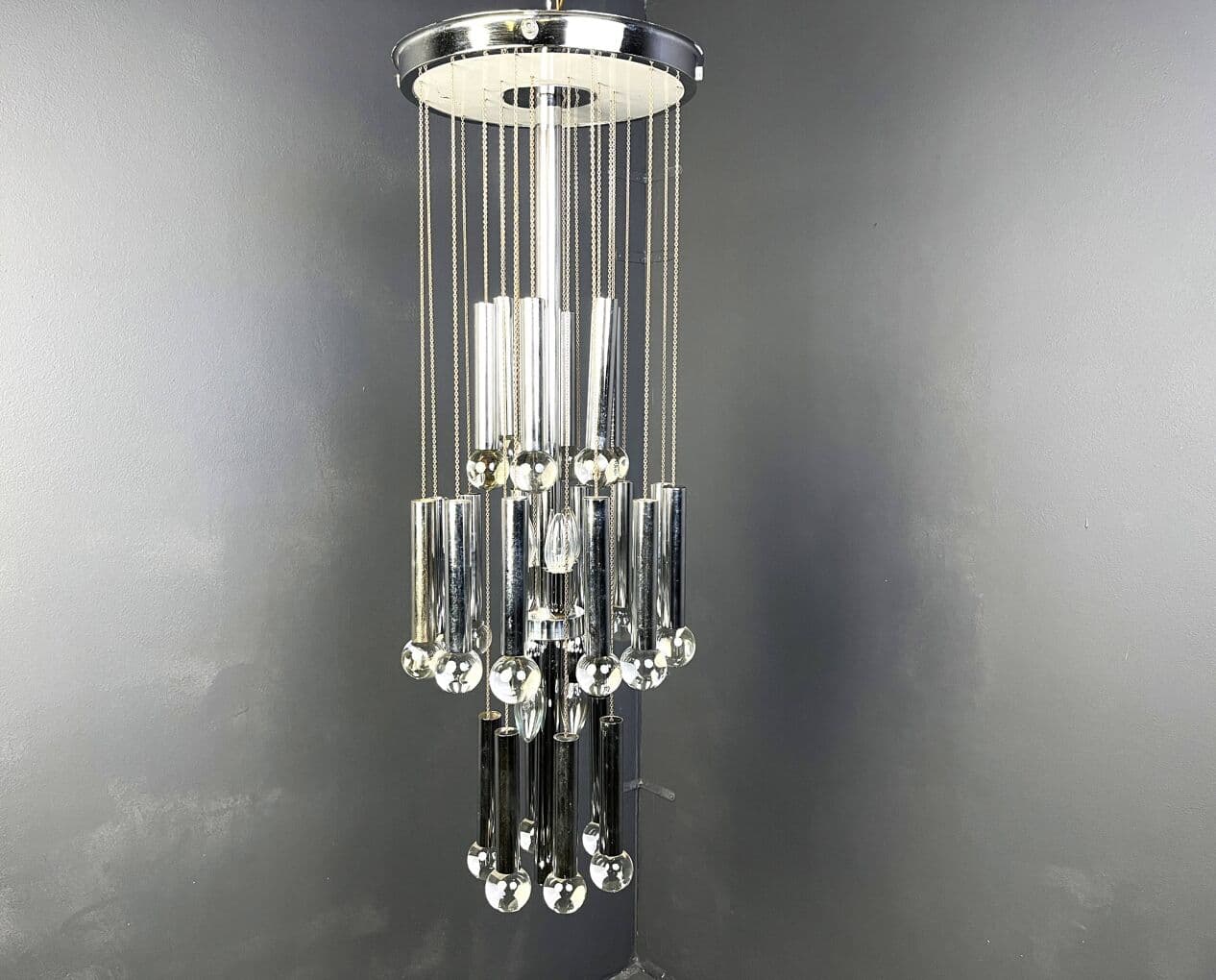 Chandelier Space Age, silver chrome, glass crystal, Italy, 1970s - 267432
