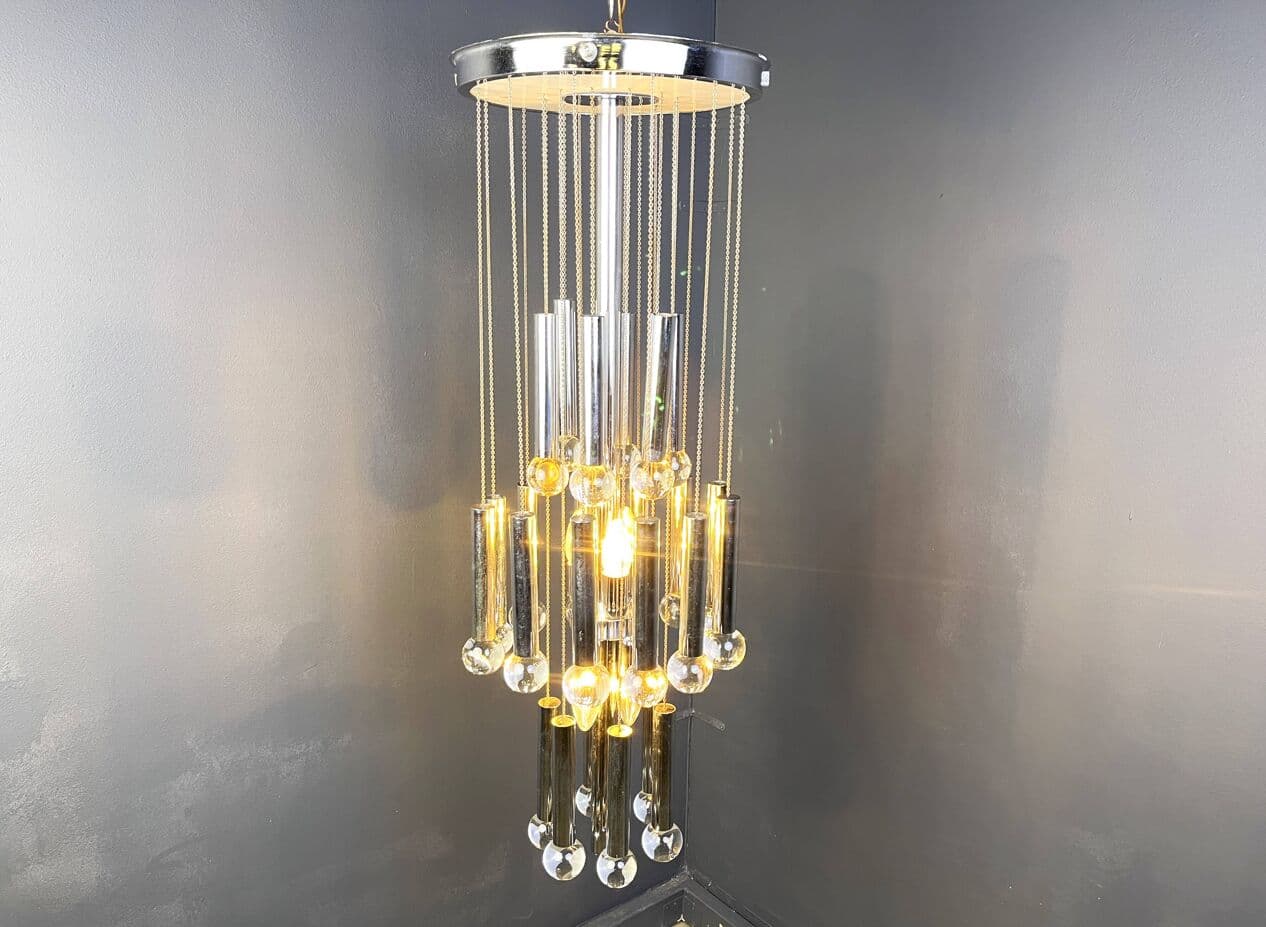 Chandelier Space Age, silver chrome, glass crystal, Italy, 1970s - 267426