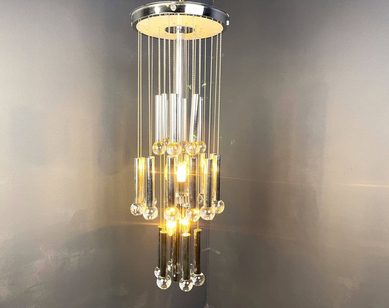 Chandelier Space Age, silver chrome, glass crystal, Italy, 1970s - 267428