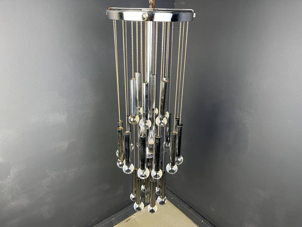 Chandelier Space Age, silver chrome, glass crystal, Italy, 1970s - 267431