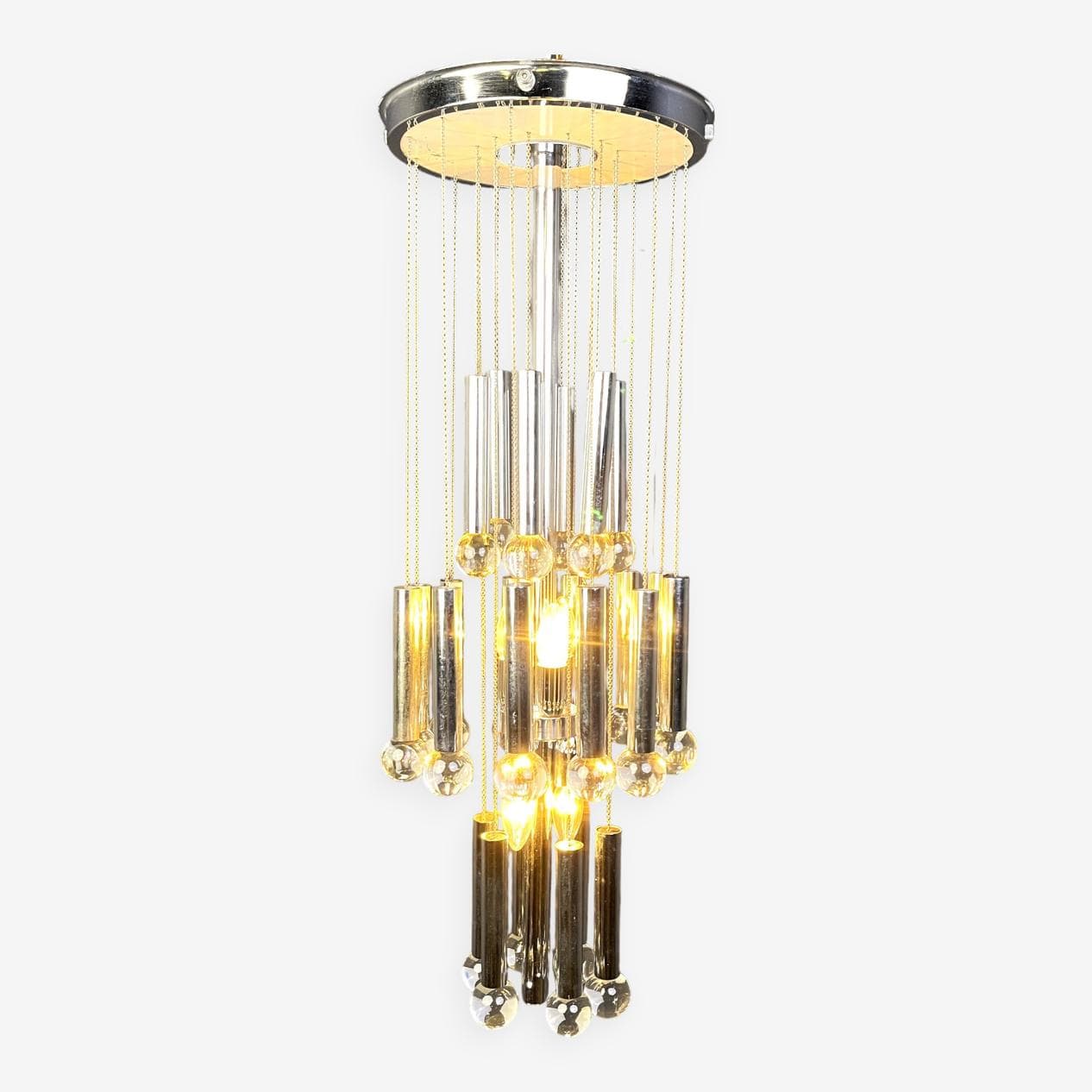 Chandelier Space Age, silver chrome, glass crystal, Italy, 1970s - 267423