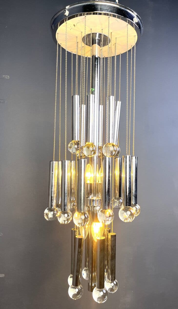Chandelier Space Age, silver chrome, glass crystal, Italy, 1970s - 267433