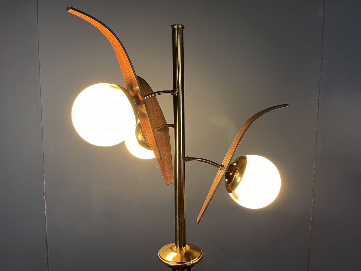 Lampa podłogowa, teak brązowy, mosiądz złoty, metal czarny, szkło białe, marmur biały, Stilnovo, Włochy, lata 60. - 267393