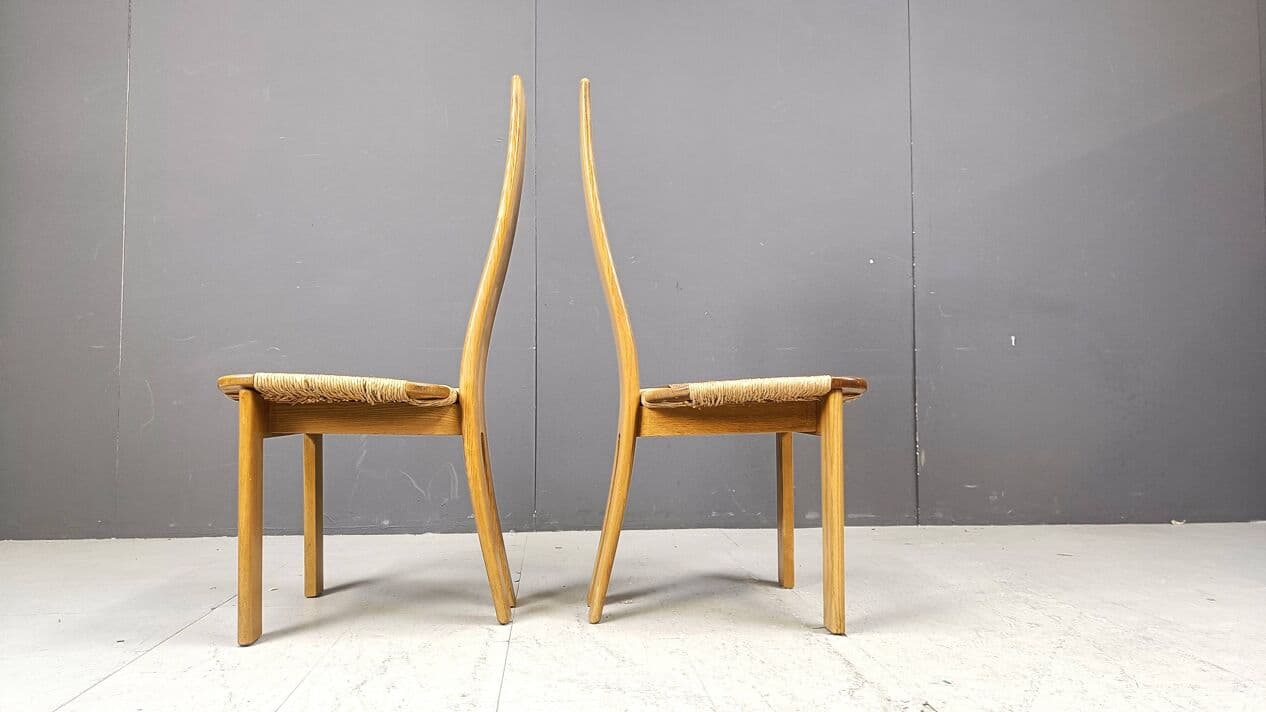 komplet sześciu krzeseł do jadalni, wysoki beżowy, dąb, wiklina, Niemcy, lata 60. - 267180