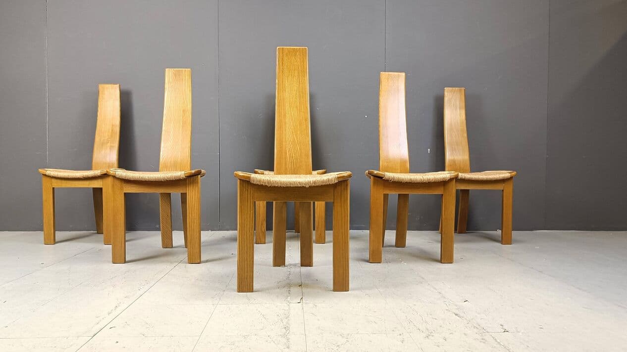 komplet sześciu krzeseł do jadalni, wysoki beżowy, dąb, wiklina, Niemcy, lata 60. - 267174