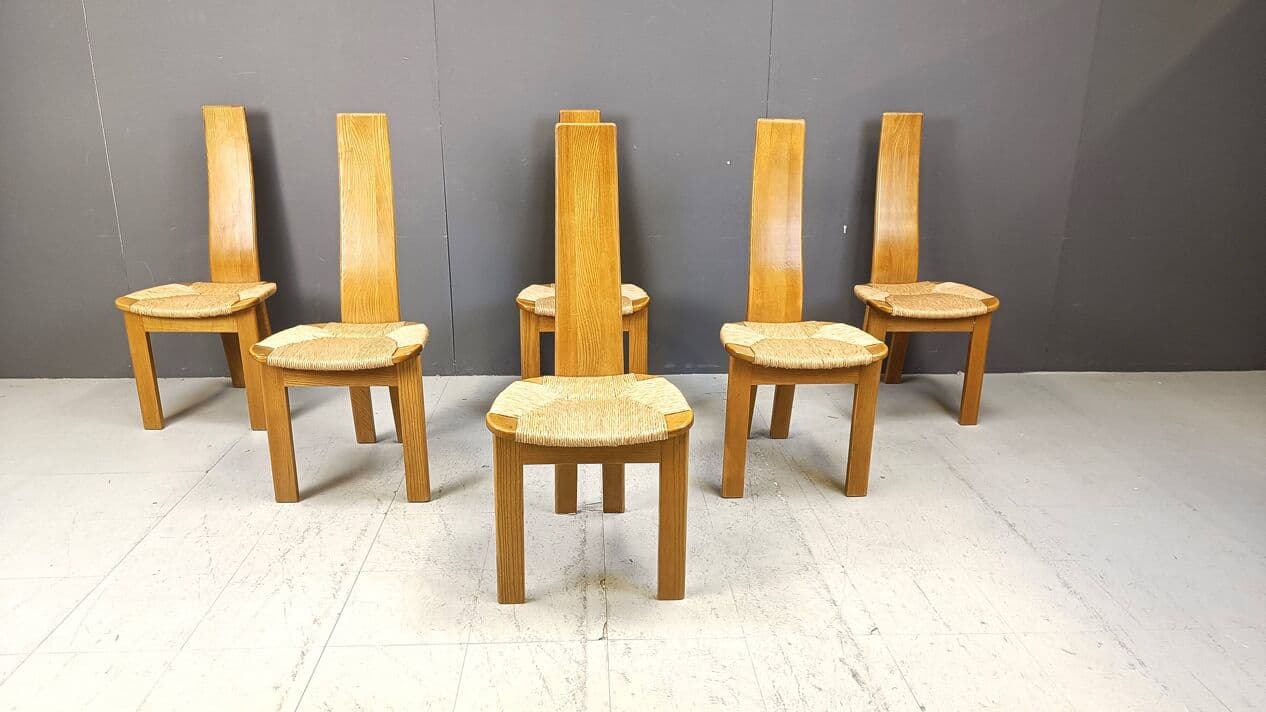 komplet sześciu krzeseł do jadalni, wysoki beżowy, dąb, wiklina, Niemcy, lata 60. - 267172