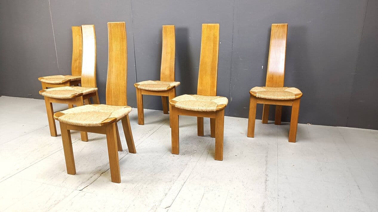 komplet sześciu krzeseł do jadalni, wysoki beżowy, dąb, wiklina, Niemcy, lata 60. - 267177