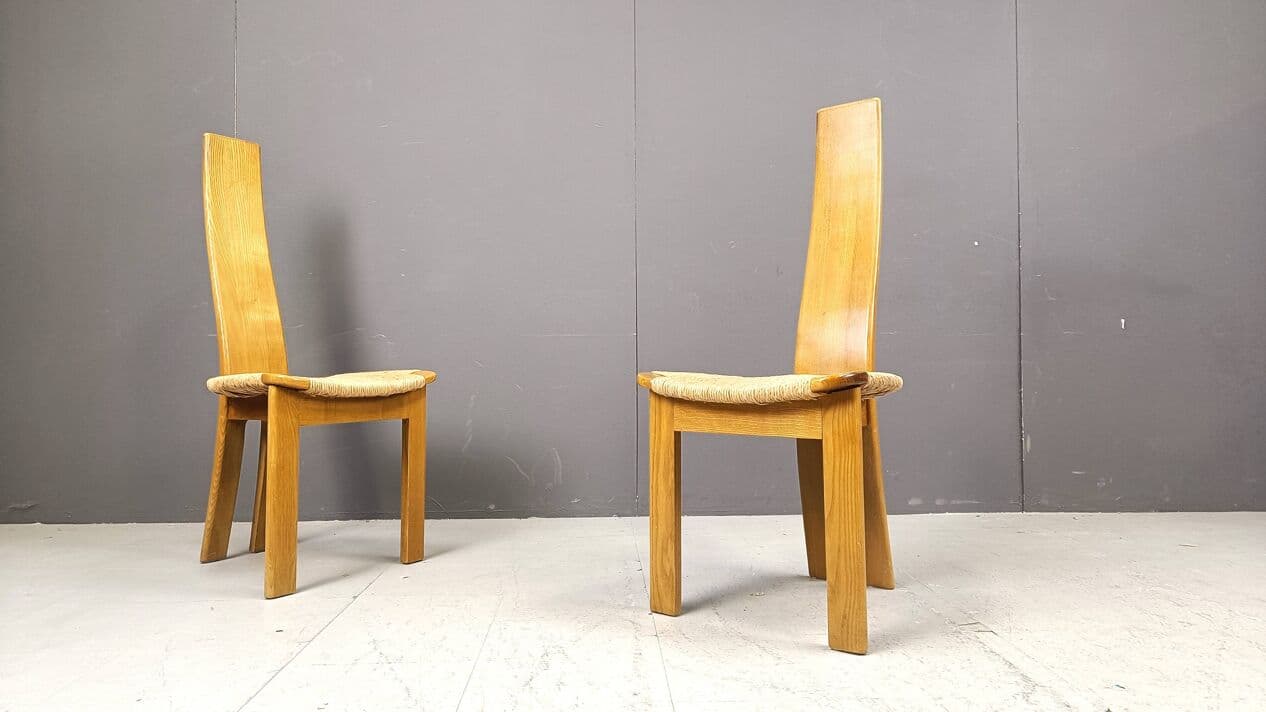 komplet sześciu krzeseł do jadalni, wysoki beżowy, dąb, wiklina, Niemcy, lata 60. - 267178