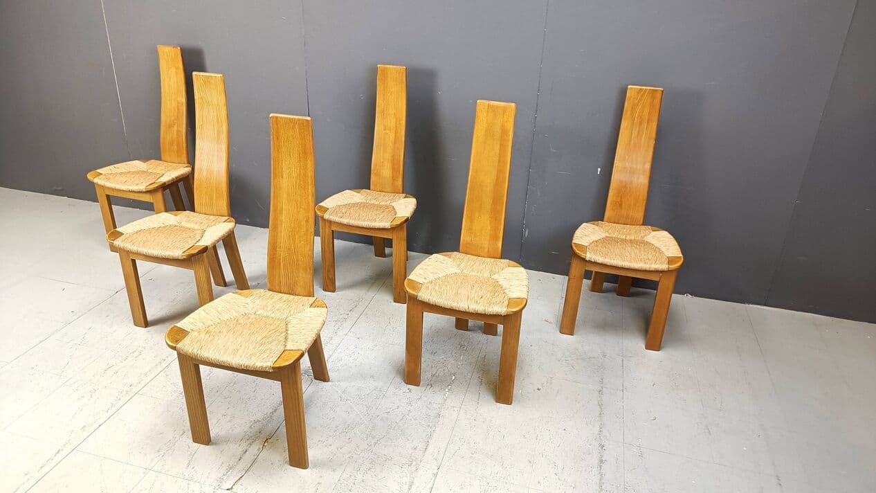 komplet sześciu krzeseł do jadalni, wysoki beżowy, dąb, wiklina, Niemcy, lata 60. - 267176