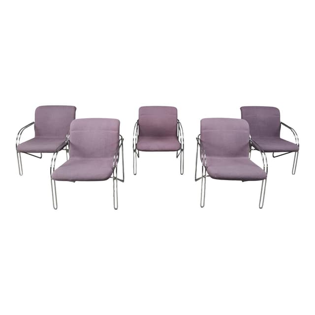 zestaw pięciu foteli z podłokietnikami, fioletowa tkanina, chrom, proj. A. Hofmann, Holandia, lata 70. - WYMIARY