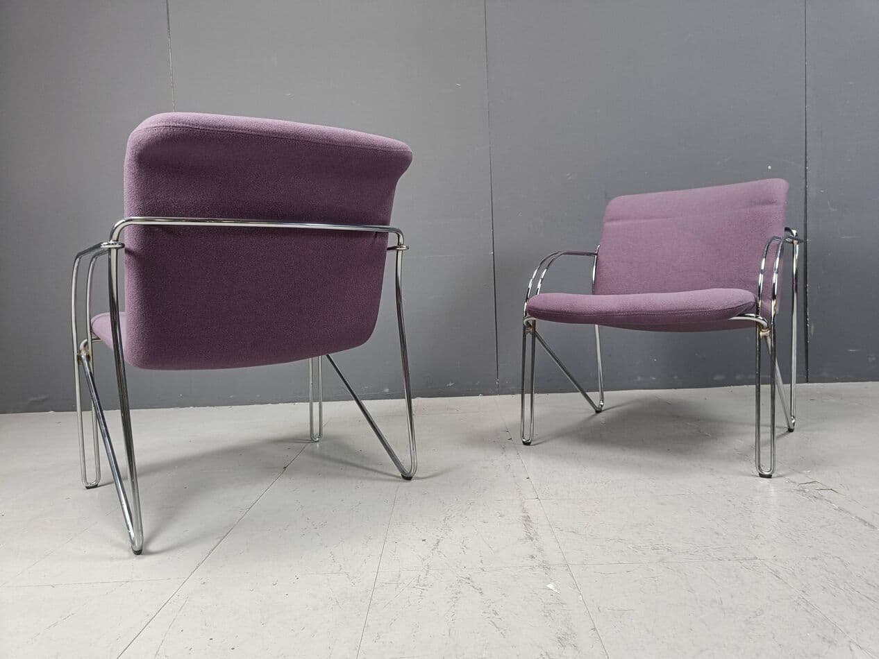 zestaw pięciu foteli z podłokietnikami, fioletowa tkanina, chrom, proj. A. Hofmann, Holandia, lata 70. - 267104