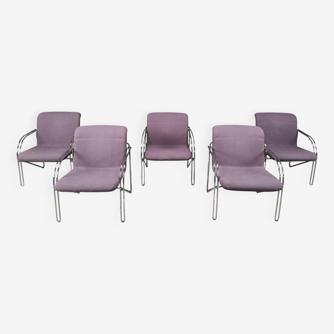 zestaw pięciu foteli z podłokietnikami, fioletowa tkanina, chrom, proj. A. Hofmann, Holandia, lata 70. - 267097