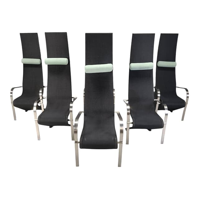 zestaw sześciu krzeseł King, postmodernizm, tkanina czarna, stal nierdzewna srebrna, Belgochrom, Belgia, lata 70. - WYMIARY