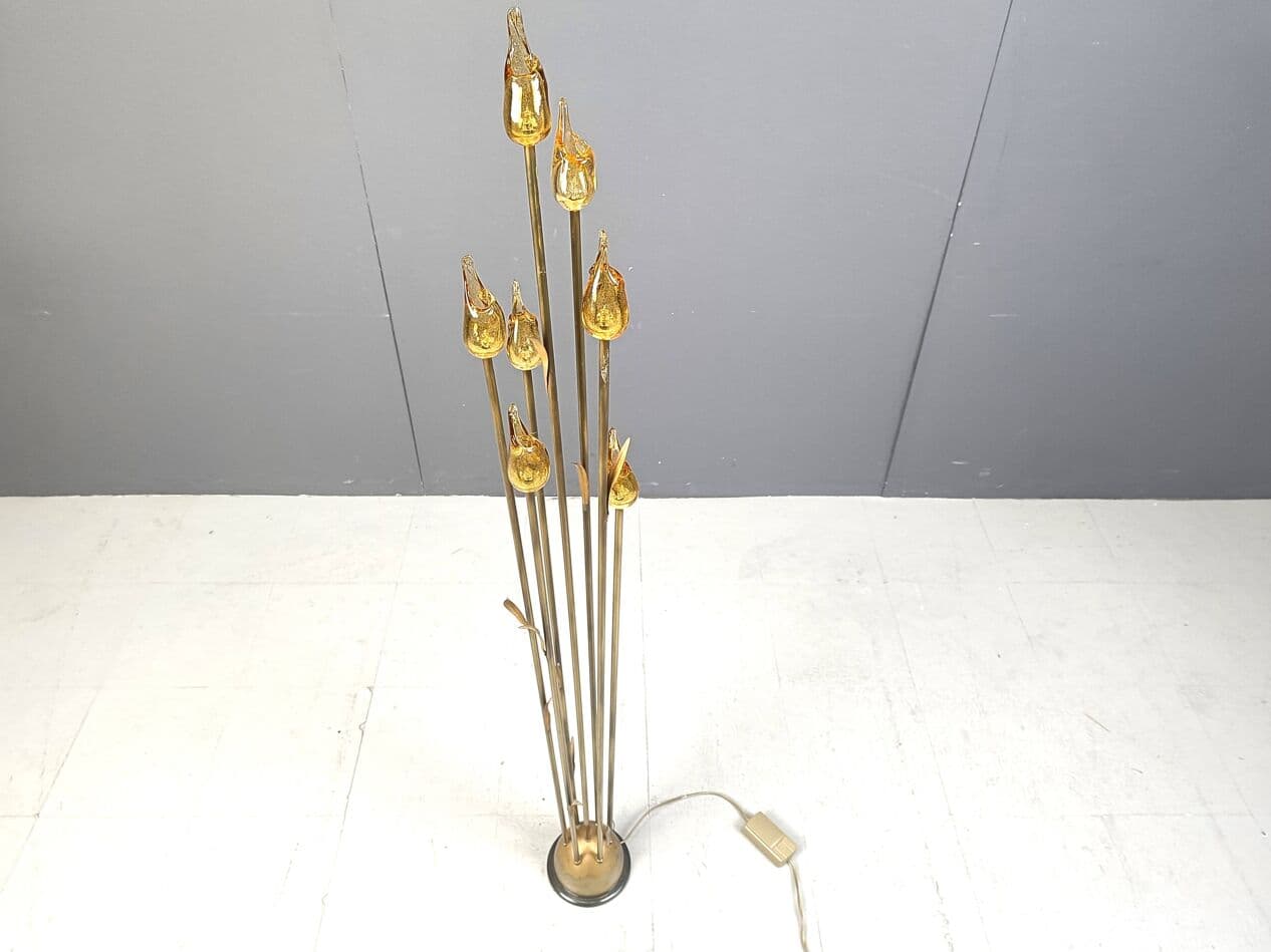 Lampa podłogowa, Murano Leaf, szkło Murano bursztynowy, mosiądz złoty, Włochy, lata 80. - 266912