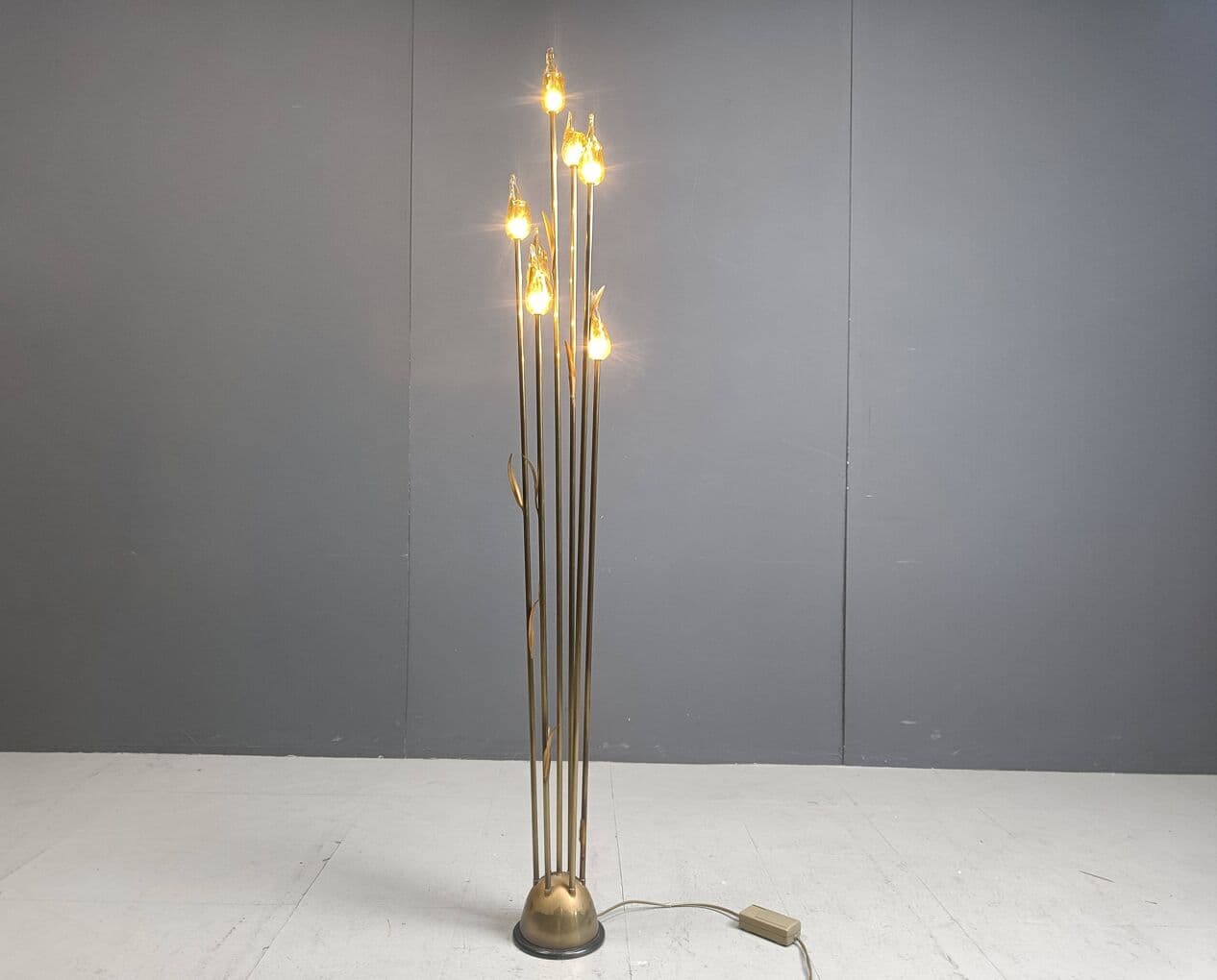 Lampa podłogowa, Murano Leaf, szkło Murano bursztynowy, mosiądz złoty, Włochy, lata 80. - 266916