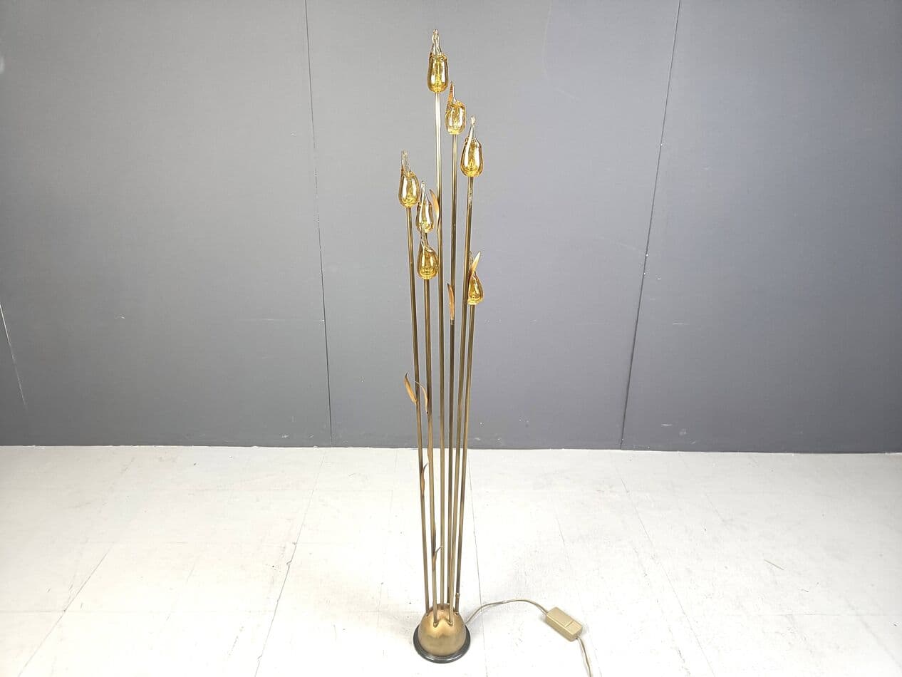 Lampa podłogowa, Murano Leaf, szkło Murano bursztynowy, mosiądz złoty, Włochy, lata 80. - 266910