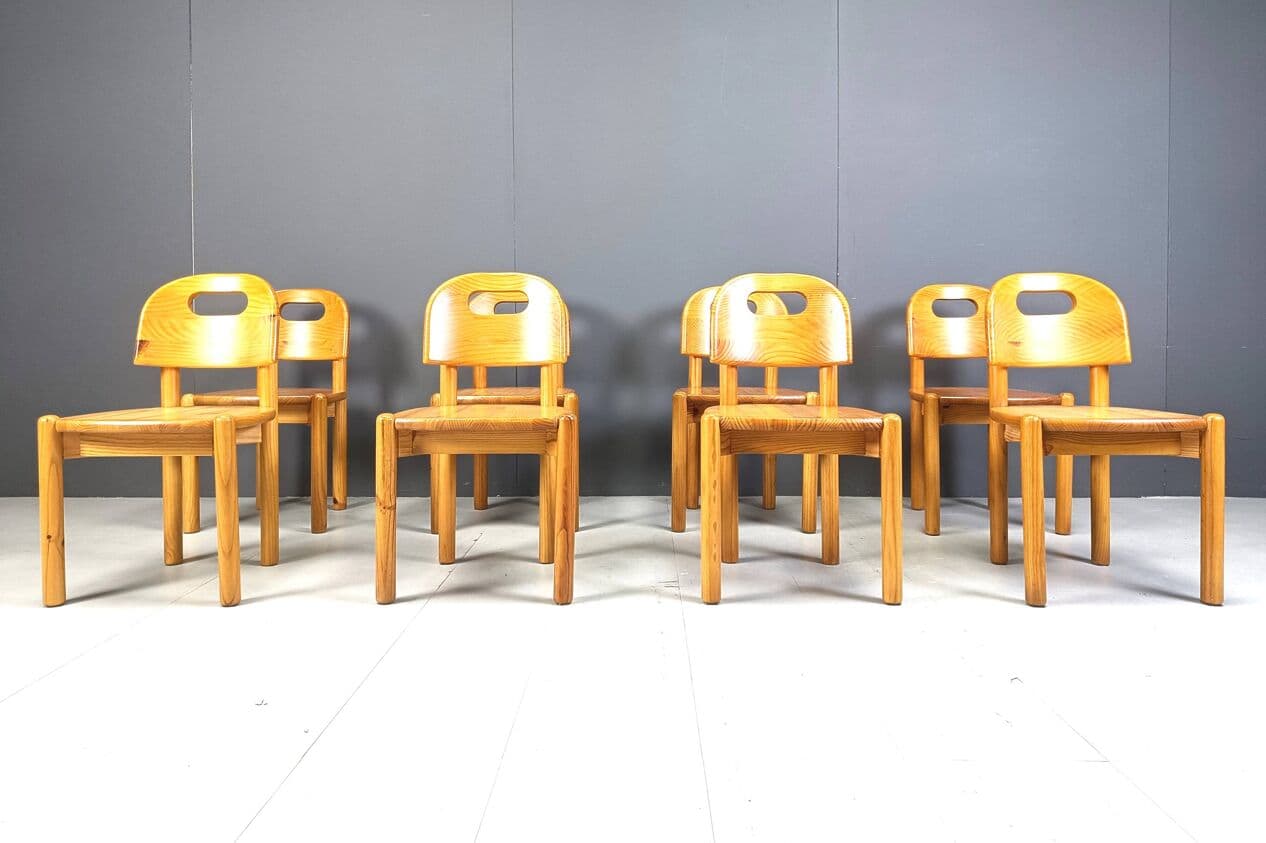Zestaw ośmiu krzeseł jadalnianych, sosna brązowy, Dania, lata 80. - 266887