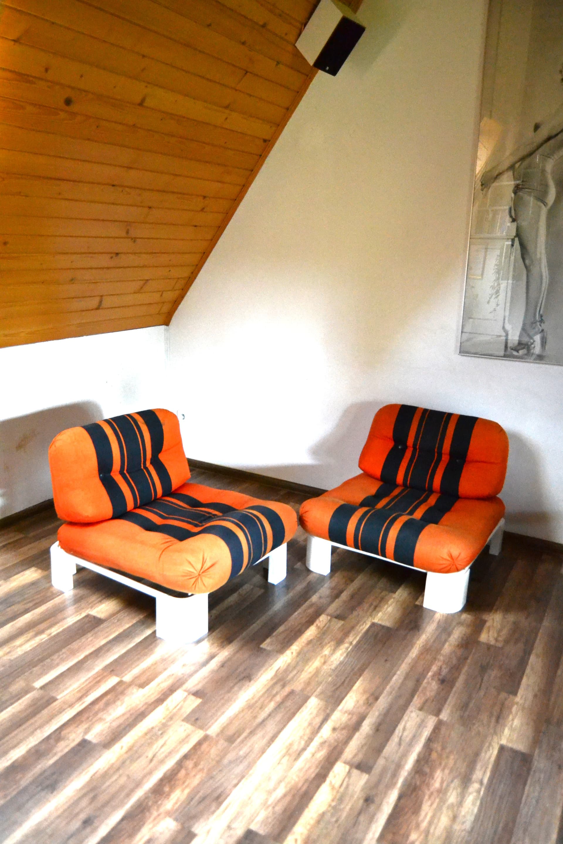 Komplet foteli, Space Age, pomarańczowy czarny, velvet plastik, lata 50. - 79289