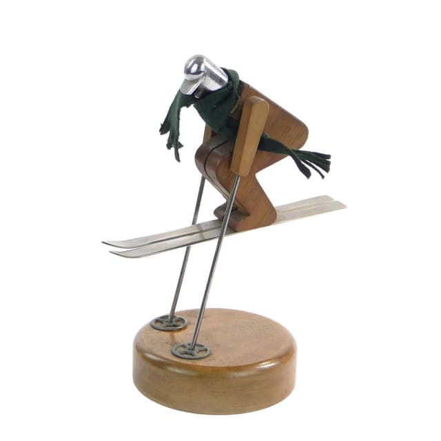 Kinetic skier figurine, brown wood, polished steel, green wool, Austria, 1960s - DIMENSION