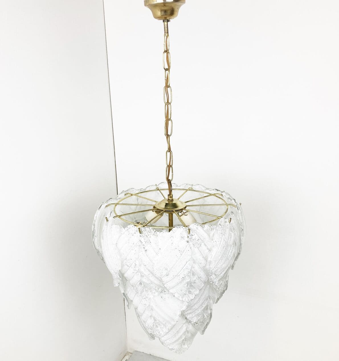 Żyrandol Murano, biały, szkło, mosiądz, Włochy, lata 70. - 266170