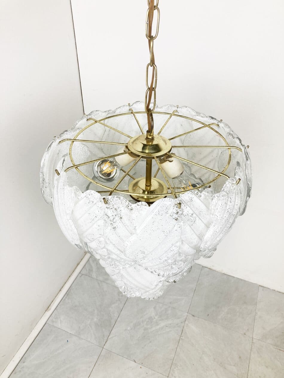 Żyrandol Murano, biały, szkło, mosiądz, Włochy, lata 70. - 266171