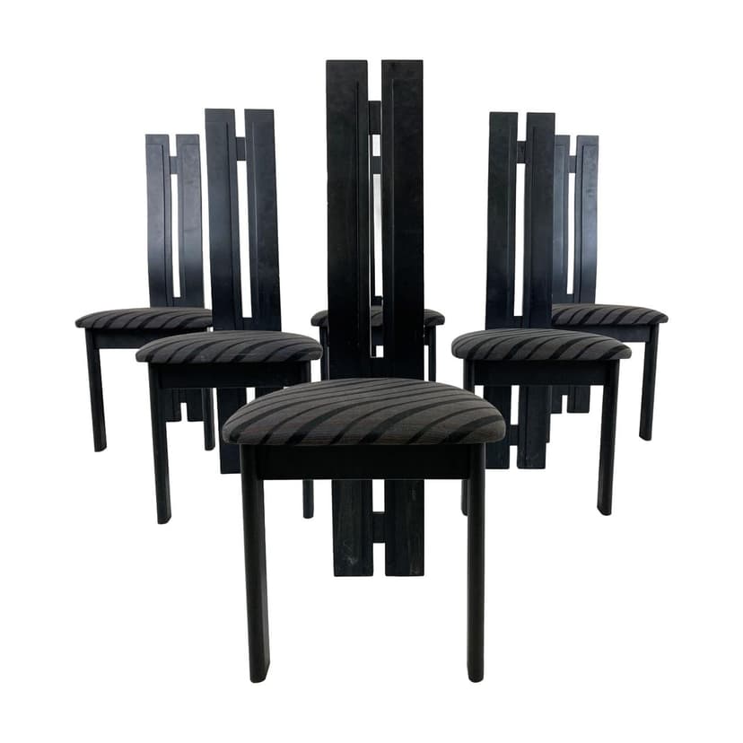 komplet 6 krzeseł do jadalni, czarny, drewno, Włochy, lata 80.