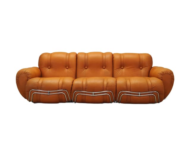 Sofa Space Age, ekoskóra pomarańczowa, metal chromowany, Włochy, lata 60. - WYMIARY