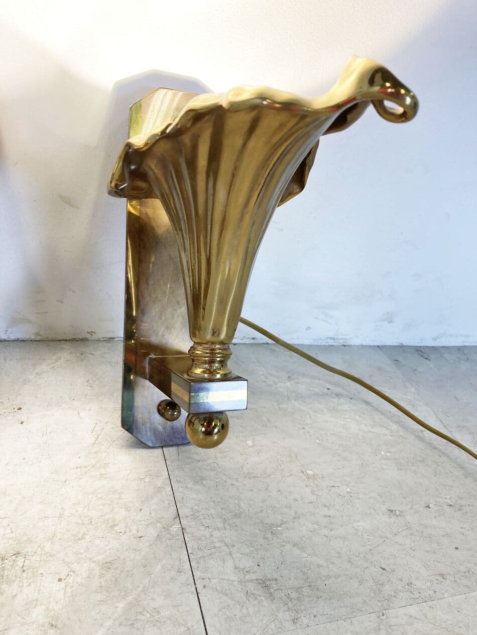 Para kinkietów kwiat, brąz złoty, Belgia, lata 70. - 265997