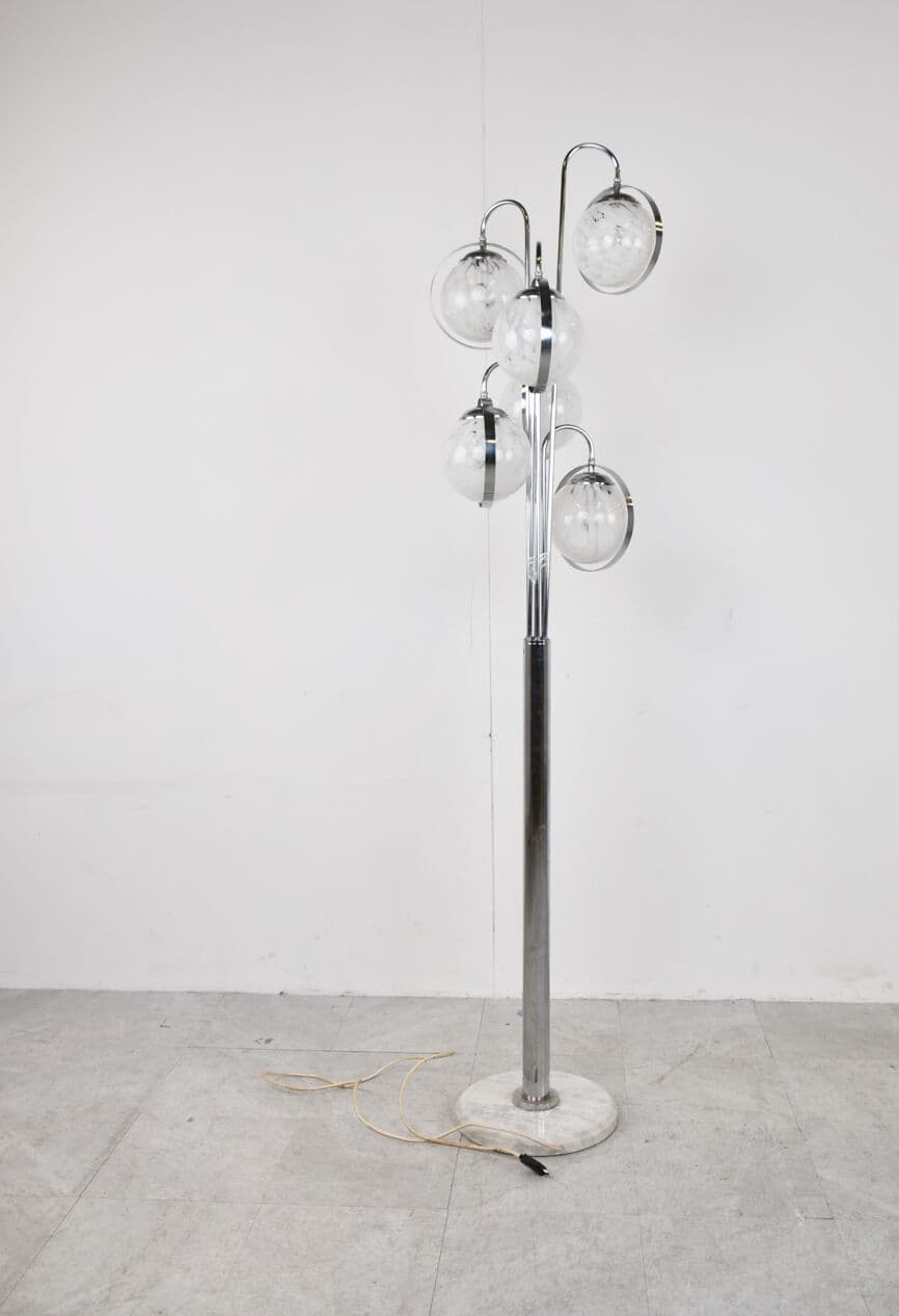 Lampa podłogowa Space Age, szkło Murano białe, chrom, marmur biały, Włochy, lata 70. - 265924