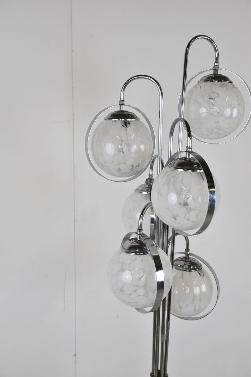 Lampa podłogowa Space Age, szkło Murano białe, chrom, marmur biały, Włochy, lata 70. - 265928