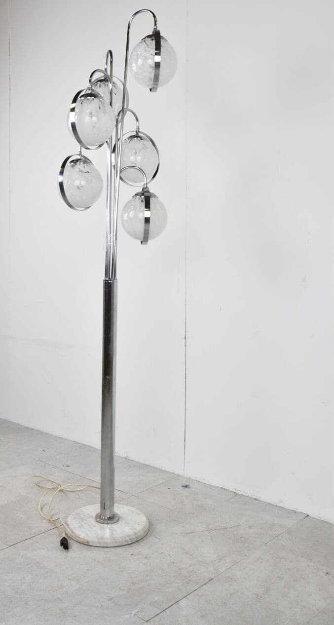 Lampa podłogowa Space Age, szkło Murano białe, chrom, marmur biały, Włochy, lata 70. - 265925