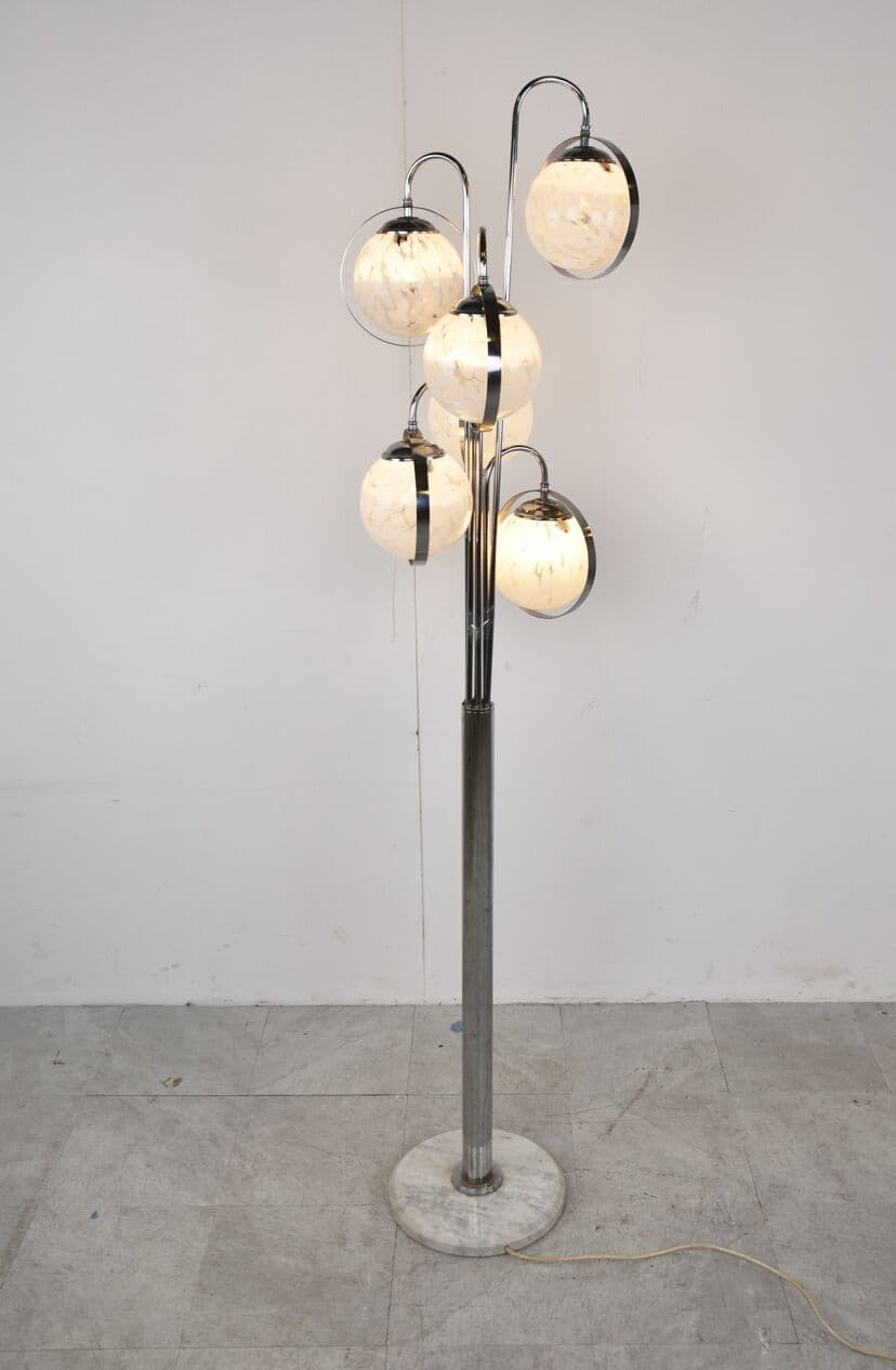 Lampa podłogowa Space Age, szkło Murano białe, chrom, marmur biały, Włochy, lata 70. - 265929