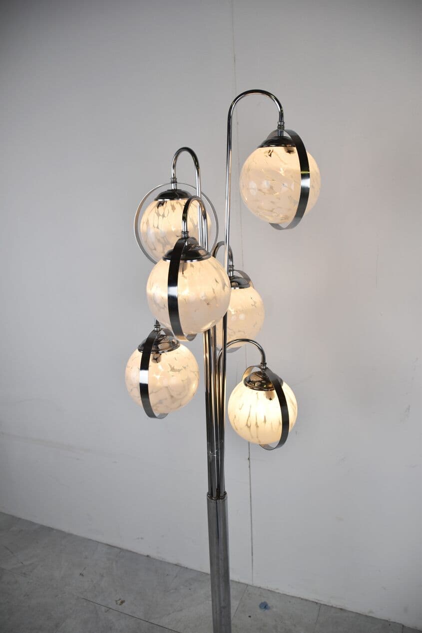 Lampa podłogowa Space Age, szkło Murano białe, chrom, marmur biały, Włochy, lata 70. - 265920