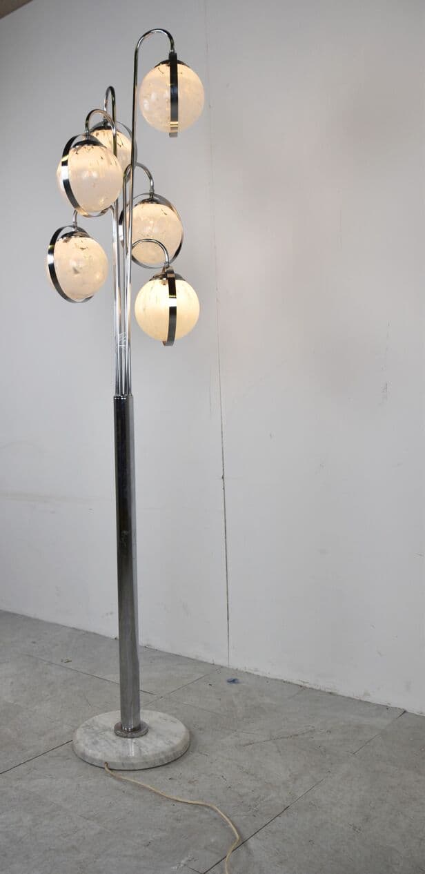 Lampa podłogowa Space Age, szkło Murano białe, chrom, marmur biały, Włochy, lata 70. - 265919