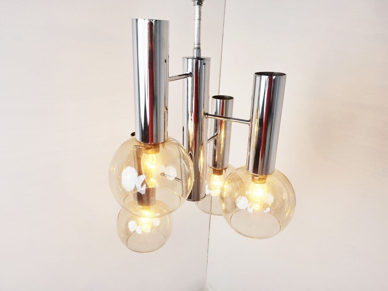 Chandelier, globe, smoked glass, silver chrome, Italy, 1970s. - 265744