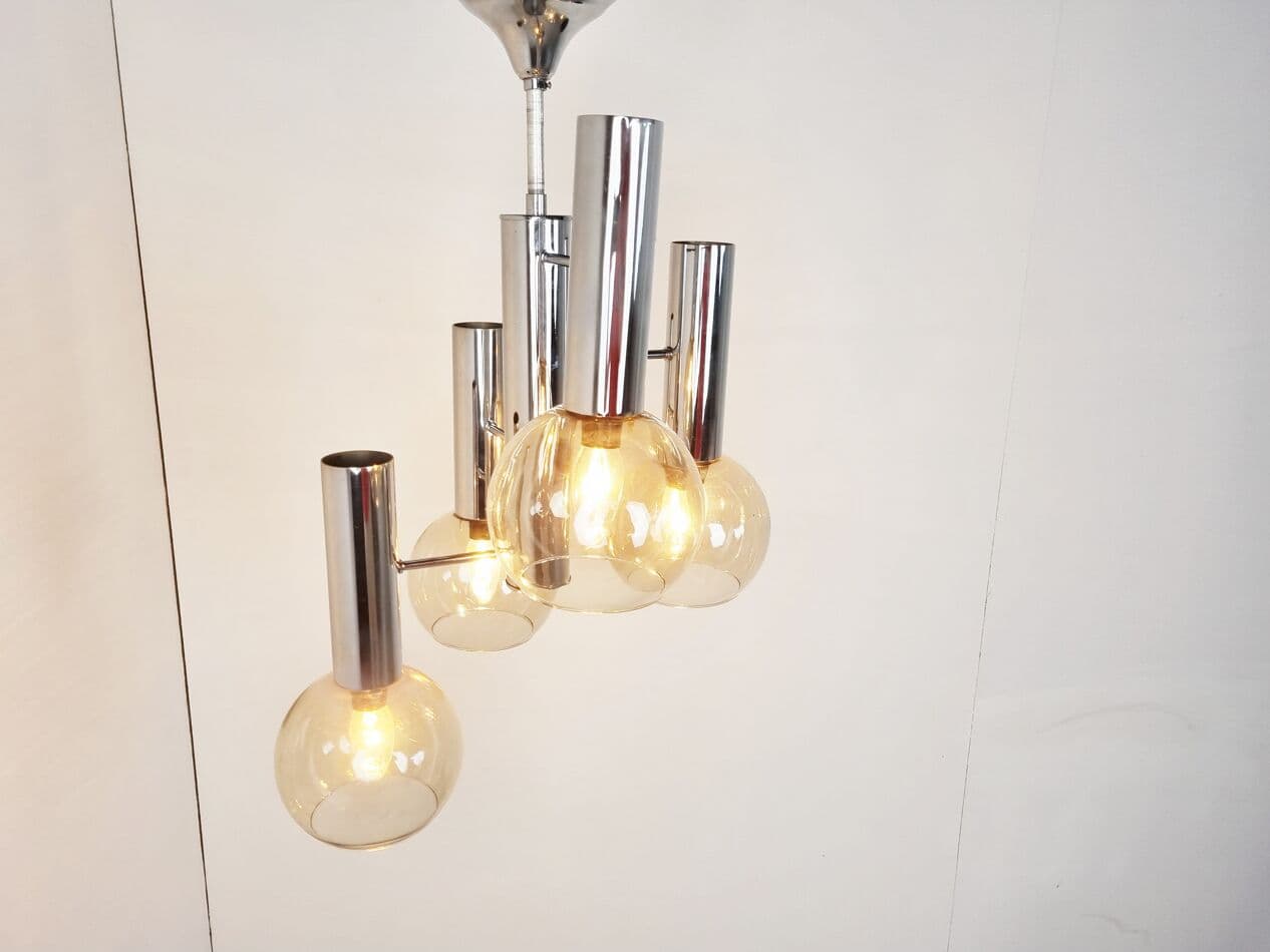 Chandelier, globe, smoked glass, silver chrome, Italy, 1970s. - 265743