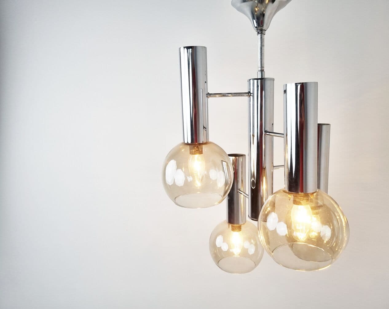 Chandelier, globe, smoked glass, silver chrome, Italy, 1970s. - 265746