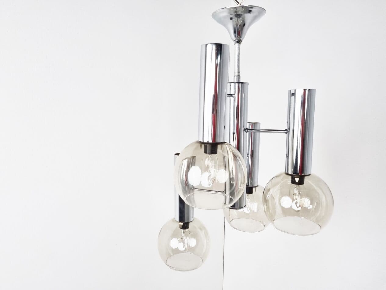 Chandelier, globe, smoked glass, silver chrome, Italy, 1970s. - 265748