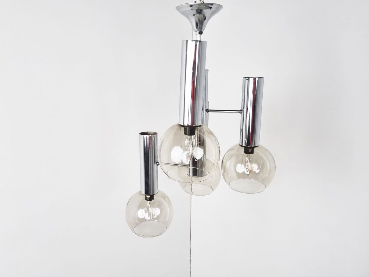 Chandelier, globe, smoked glass, silver chrome, Italy, 1970s. - 265750