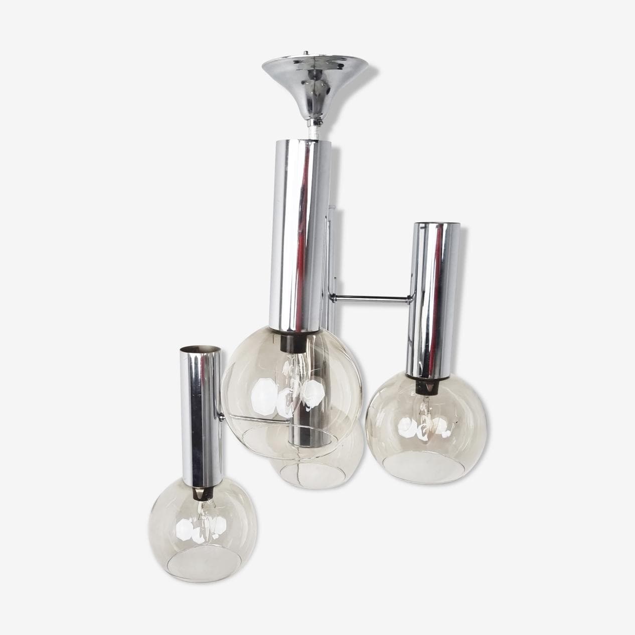 Chandelier, globe, smoked glass, silver chrome, Italy, 1970s. - 265742