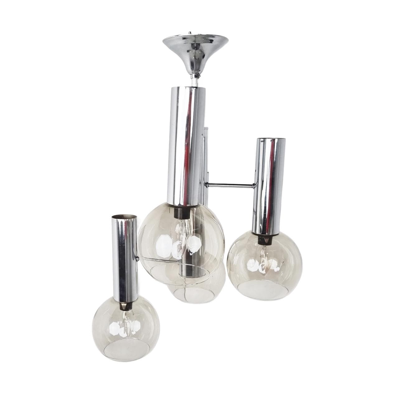 Chandelier, globe, smoked glass, silver chrome, Italy, 1970s.