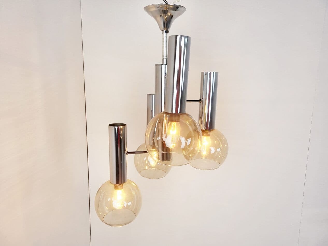 Chandelier, globe, smoked glass, silver chrome, Italy, 1970s. - 265741