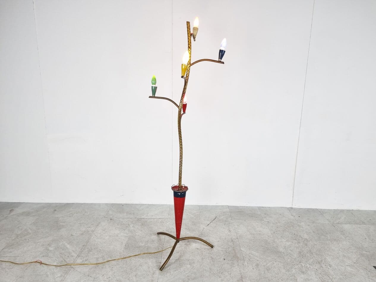 Lampa podłogowa, multikolor, mosiądz, Włochy, lata 50. - 265720