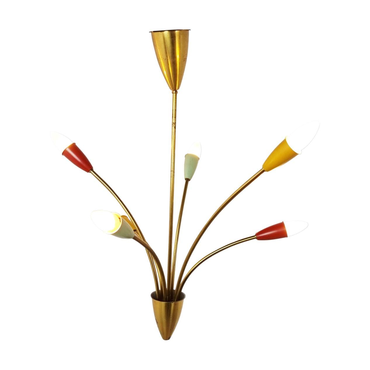 Żyrandol, mid-century, multikolor, mosiądz, Włochy, lata 60.