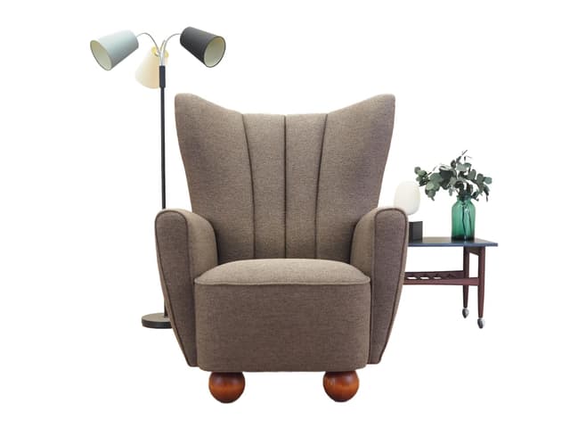 Fotel wypoczynkowy, skandynawski, tkanina brąz, drewno brązowy, Dania, lata 60. - WYMIARY