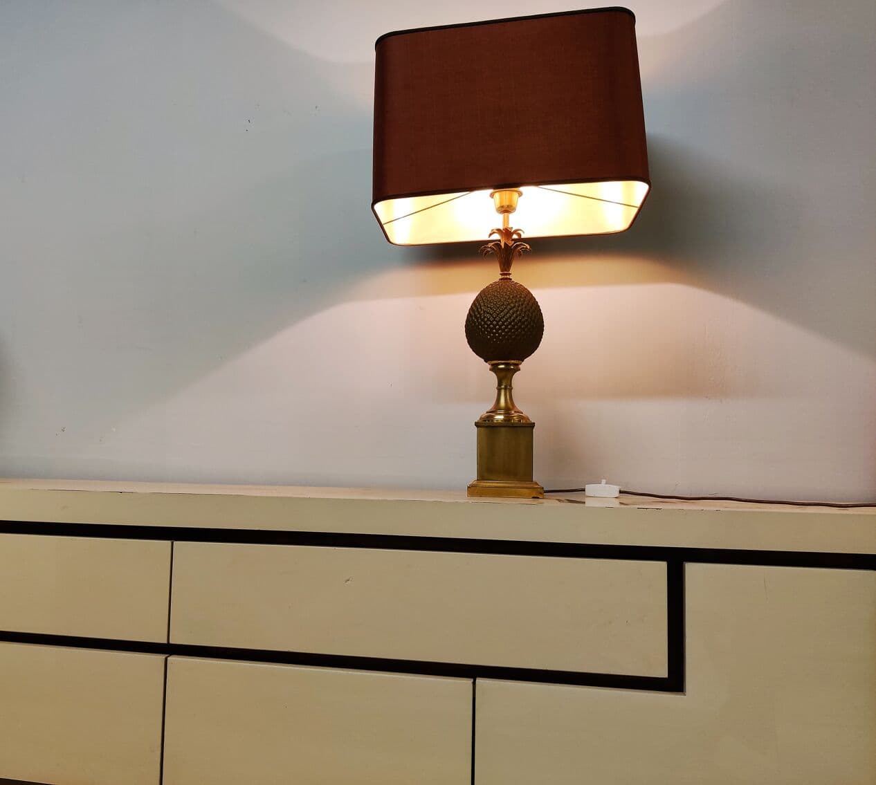 Lampa stołowa ananas, mosiądz złoty, Francja, lata 70. - 265454