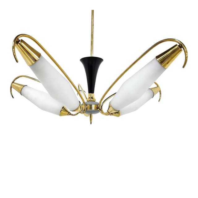 Żyrandol, Mid-Century Modern, mosiądz złoty, szkło białe, metal czarny, Włochy, lata 60. - WYMIARY