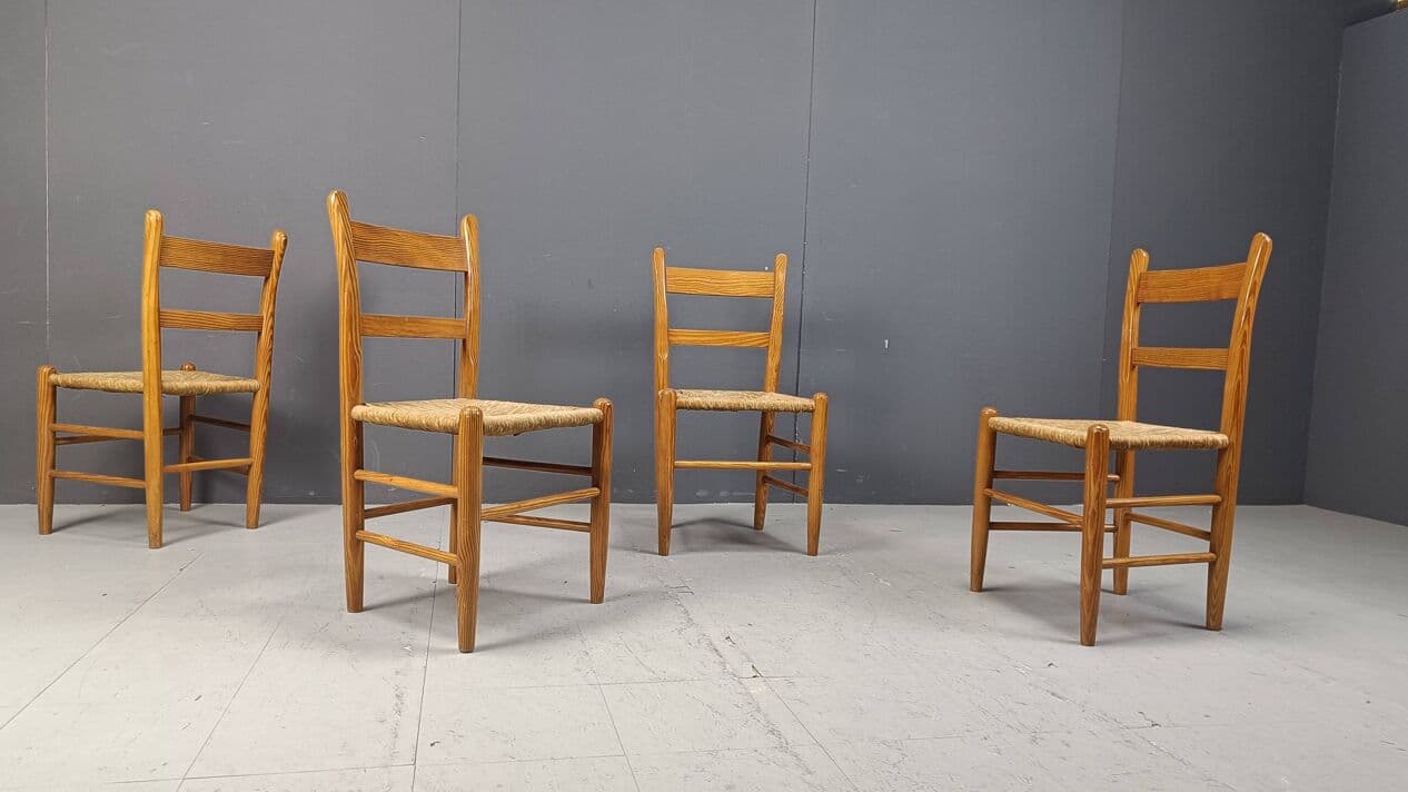 komplet czterech krzeseł jadalnianych, dąb miodowy, wiklina beżowa, Dania, lata 70. - 265250